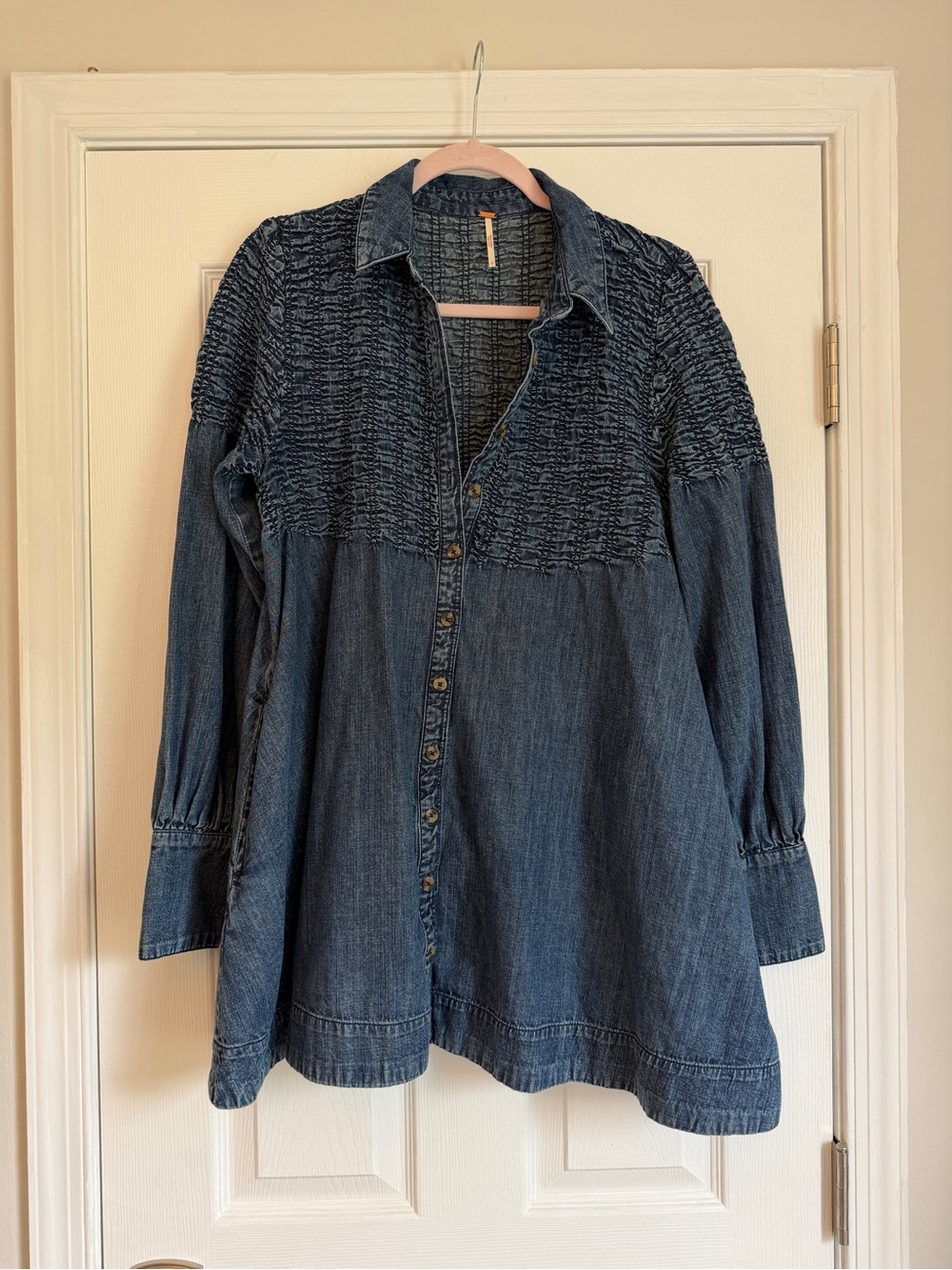 Free People Find Me Now Denim Mini Dress Smocked Babydoll Boho Blue S - Picture 3 of 6
